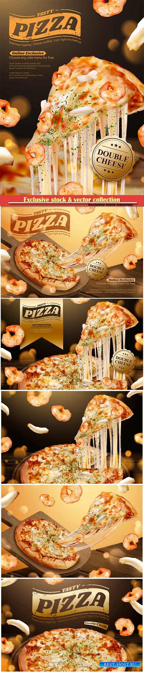 Tasty seafood pizza ads with stringy cheese in 3d illustration, shrimp and  ...
