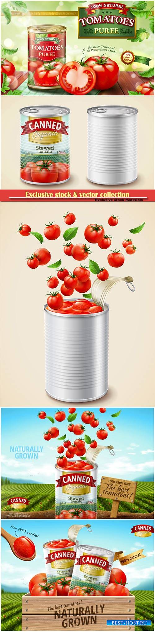 Canned tomato puree ads with fresh vegetables in 3d illustration