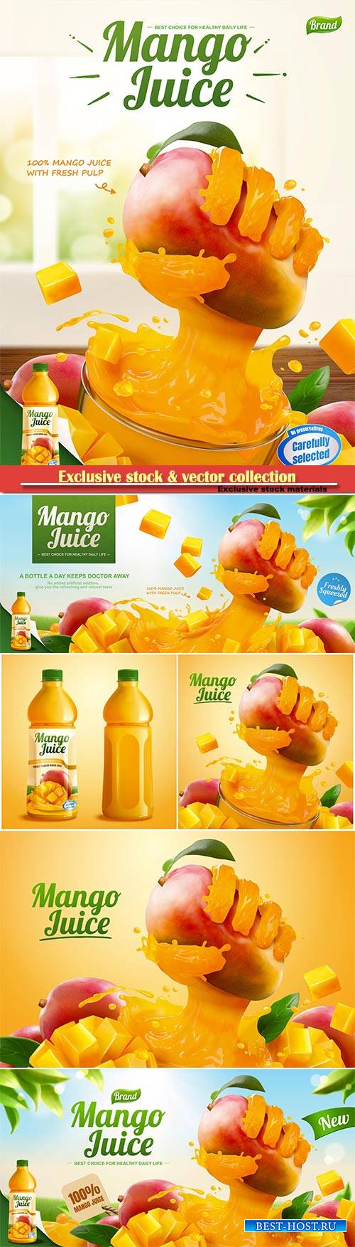 Mango juice banner ads with liquid hand grabbing fruit effect in 3d vector illustration