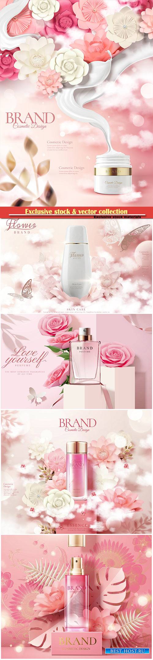 Skincare bottle ads with white and pink paper flowers in 3d illustration
