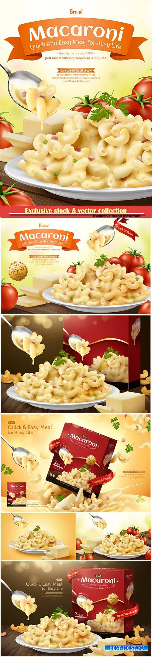 Delicious macaroni ads with cheese sauce and tomatoesin 3d illustration