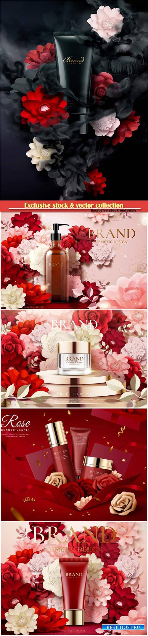 Cosmetic set ads with paper flowers in 3d illustration