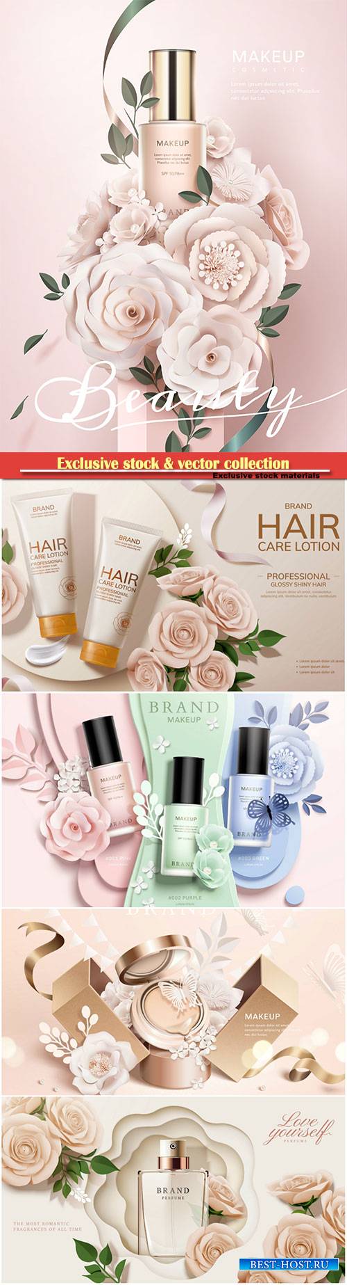 Cosmetic set ads with paper flowers in 3d illustration # 2