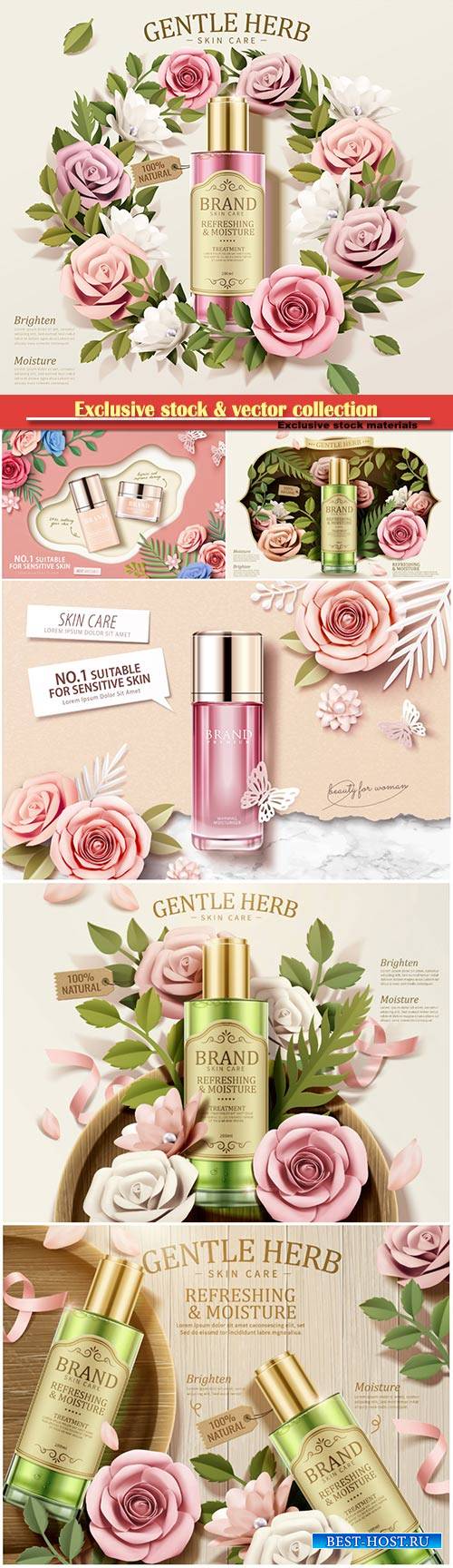 Gentle herb toner ads with paper flowers in 3d illustration, top view