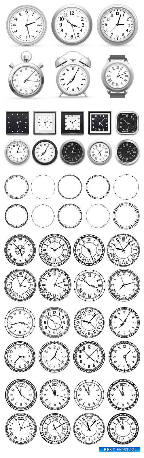 Realistic clock, modern white round wall clocks, black watch face and time  ...
