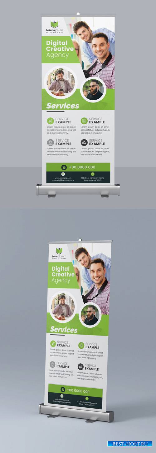 Green Roll Up Banner with Circular Photo Elements 295382665