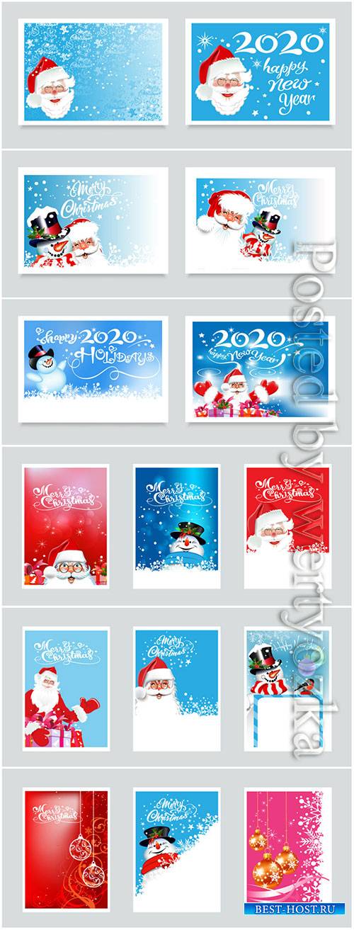 New Year holiday cards with Santa Claus and snowman