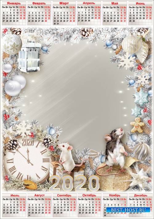 Праздничная рамка для фото с календарём на 2020 год - За окном снежинок стая тихо водит хоровод, наступает Новый год