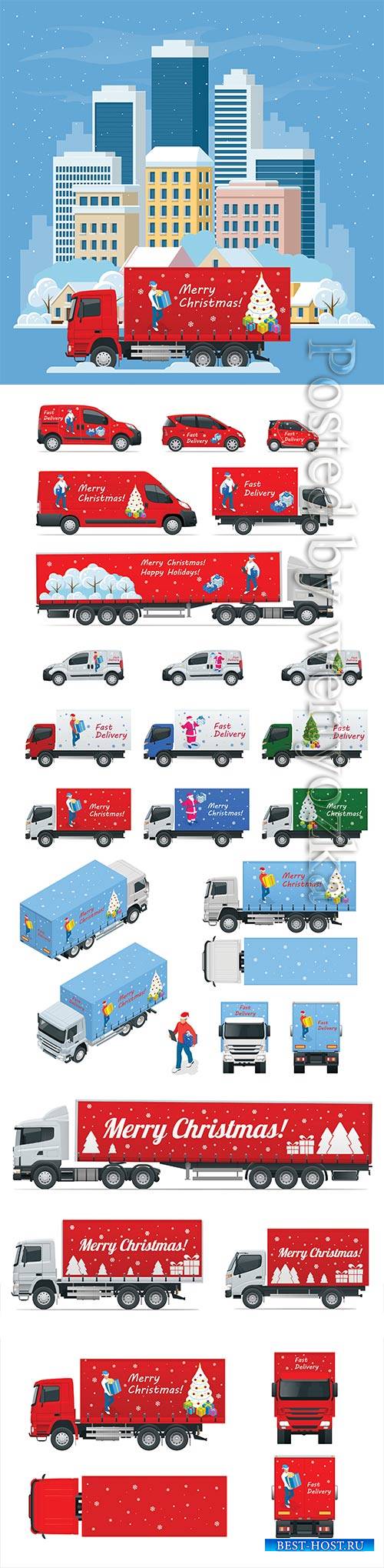 Isometric Christmas and New Year Delivery Truck
