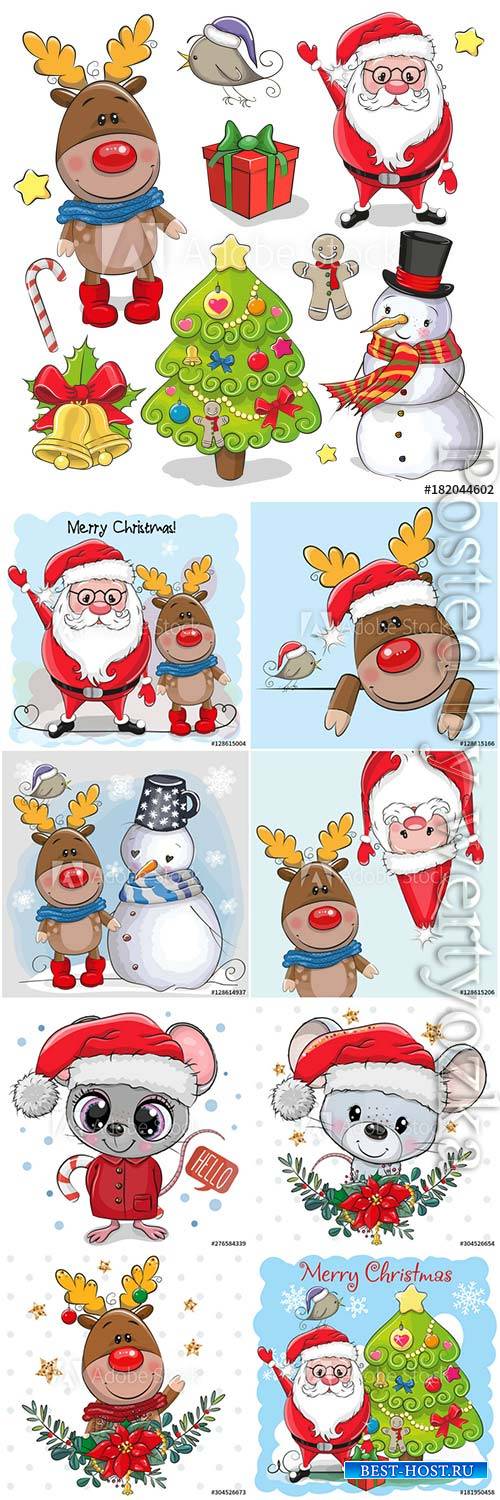 Cartoon santa claus deer and snowman