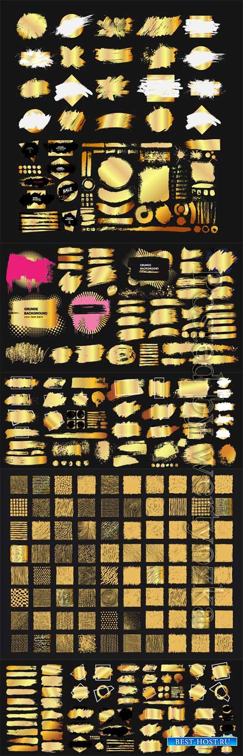 Set of golden grunge hand drawn rough box torn shapes