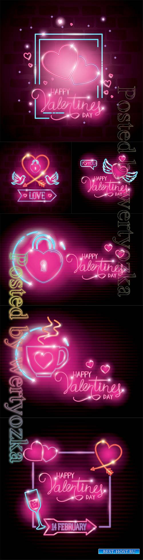 Happy valentines day with heart and wings of neon lights vector illustration design