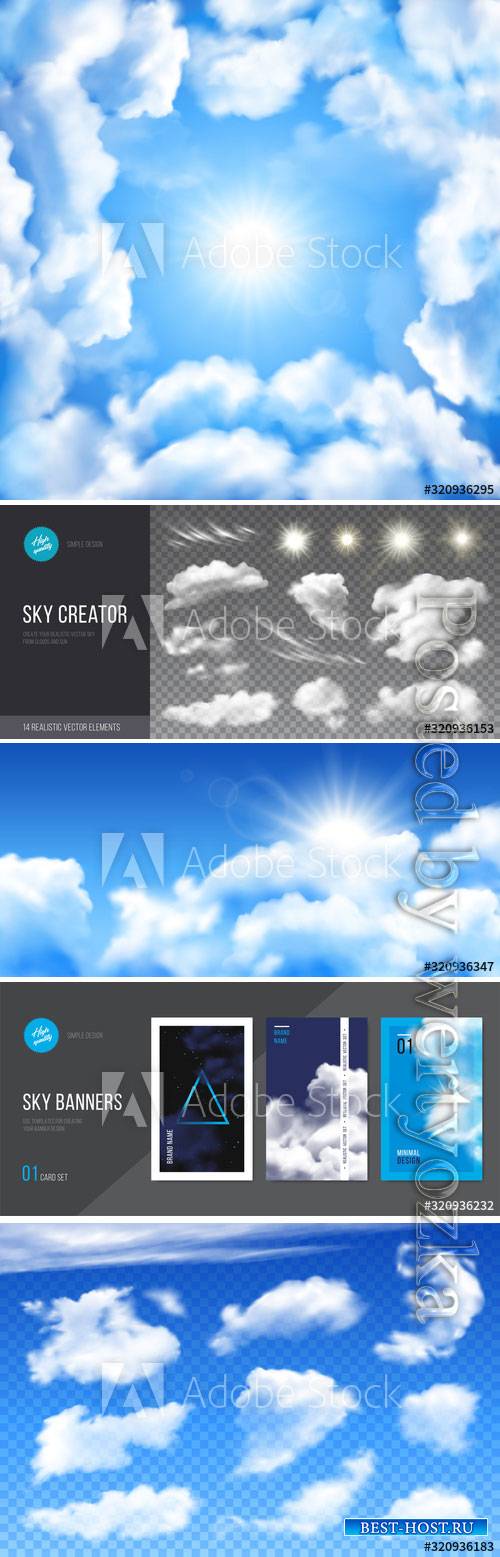 Realistic clouds on blue transparent background vector design