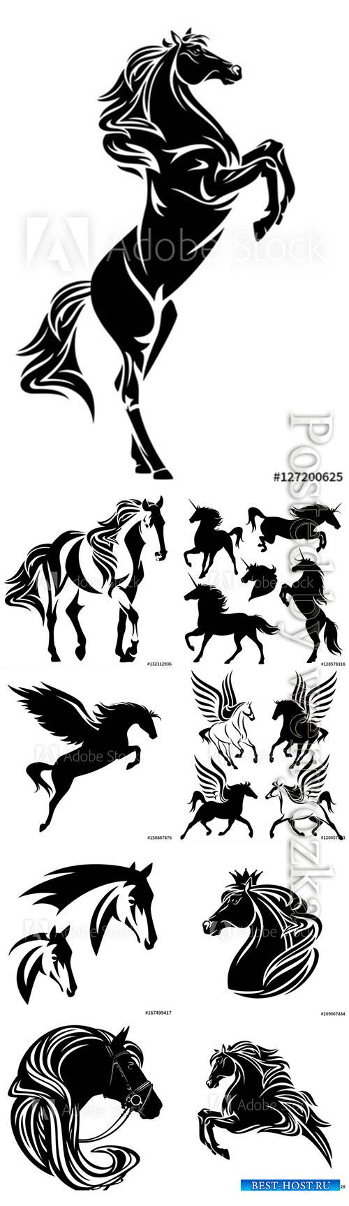 Horses, unicorns and pegasuses in vector