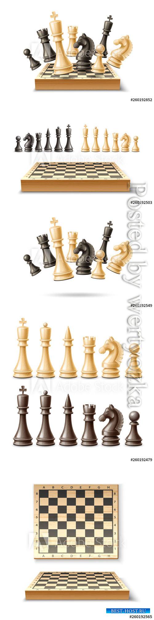 Realistic chess pieces and chessboard set vector illustrations