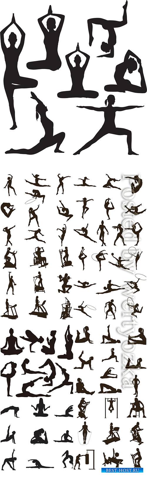 Silhouettes of women go in for sports, fitness, yoga
