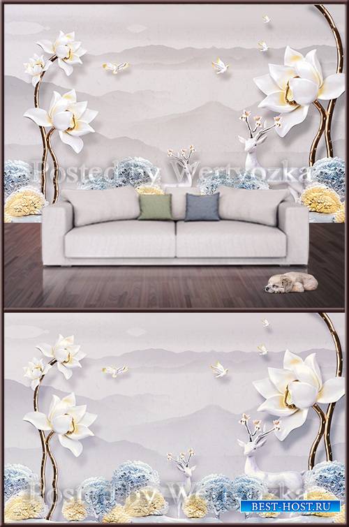 3D psd background wall peonies and deers