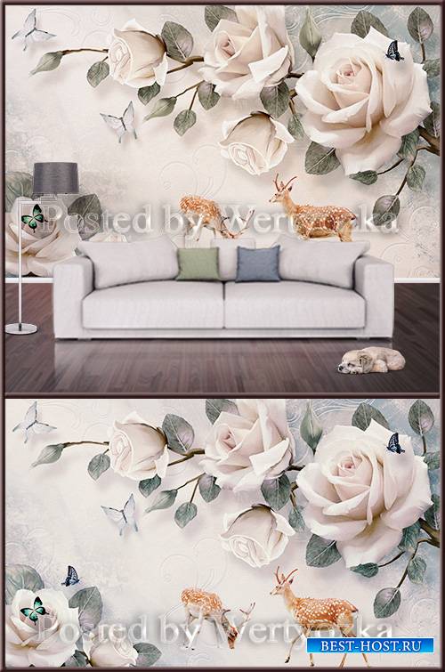 3D psd background wall deer and roses