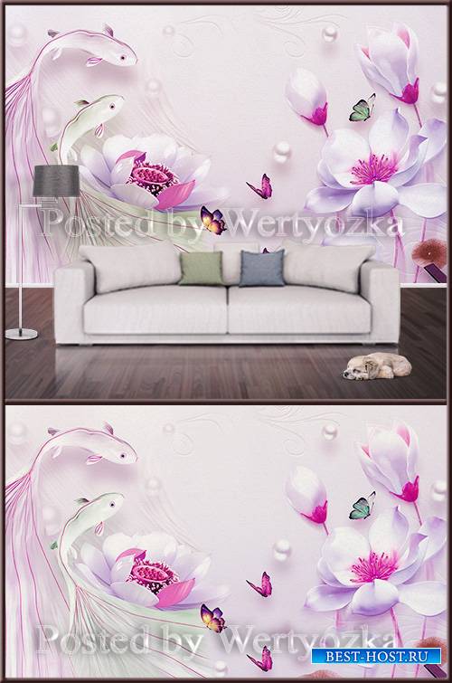 3D psd background wall magnolias and fish