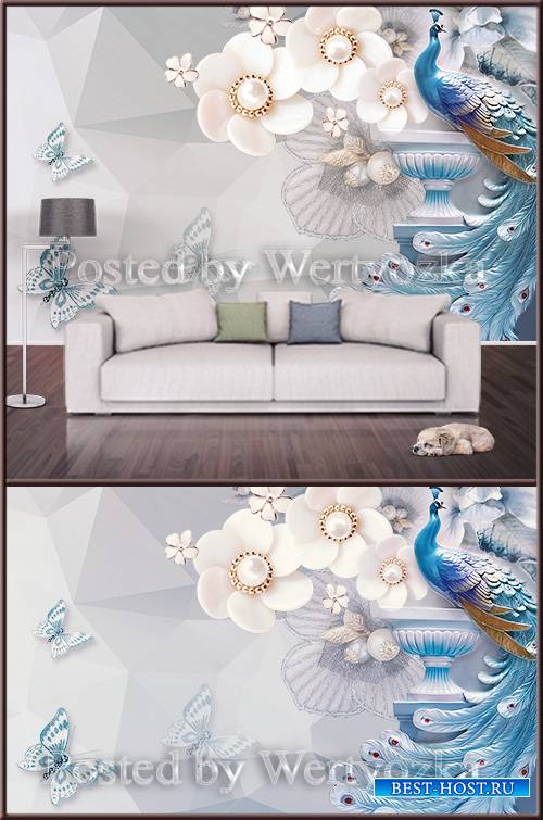 3D psd background wall peacock and butterflies