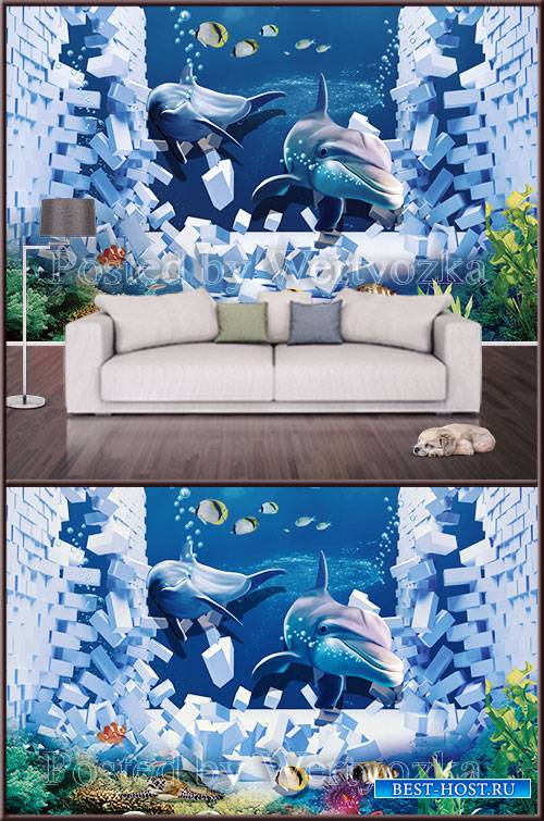 3D psd background wall broken wall and dolphins