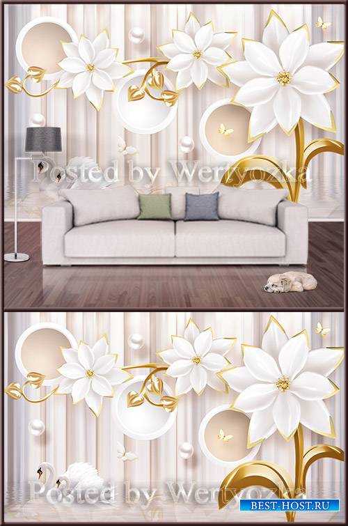 3D psd background wall swans white flowers