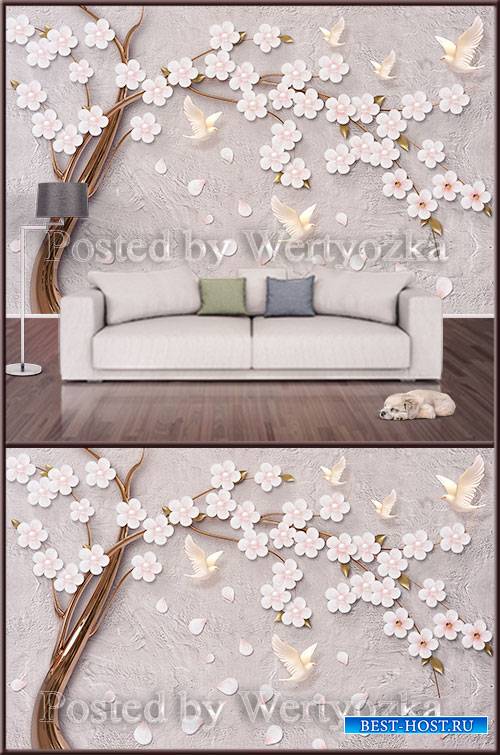 3D psd background wall tree with flowers and birds