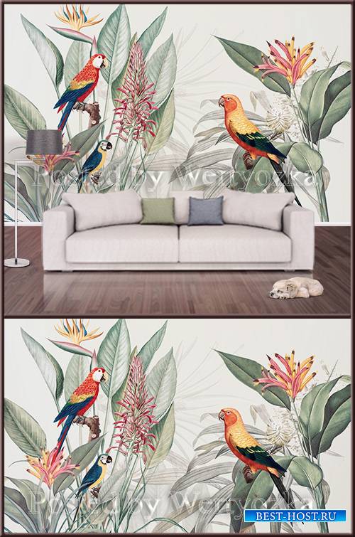 3D psd background wall painted flowers and parrot