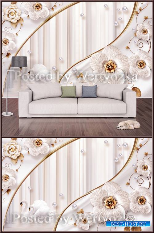 3D psd background wall white swans flowers and pearls