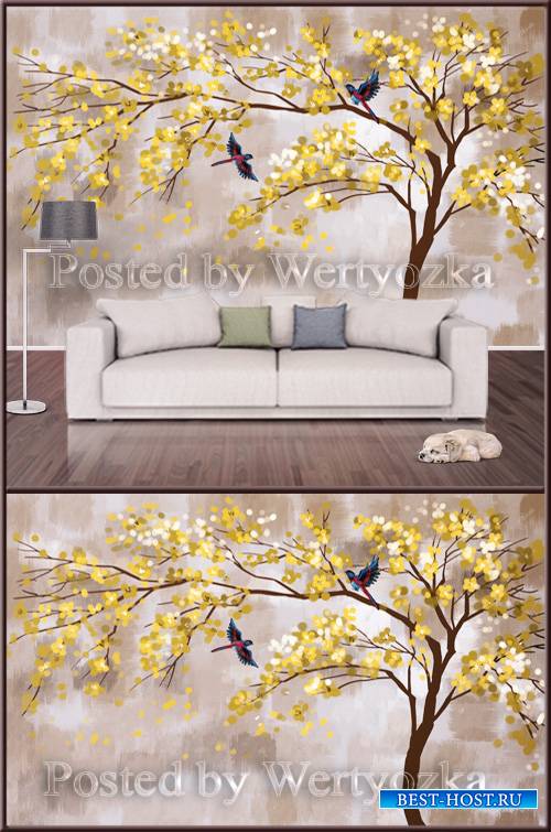 3D psd background wall yellow bird tree