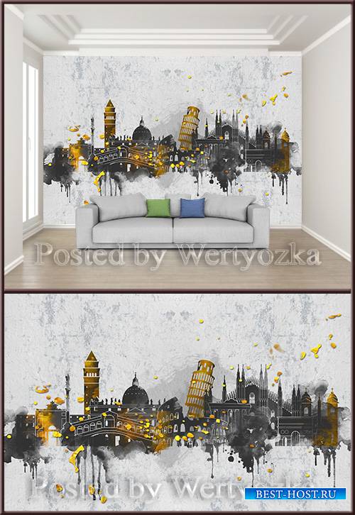 3D psd background wall watercolor european city architecture