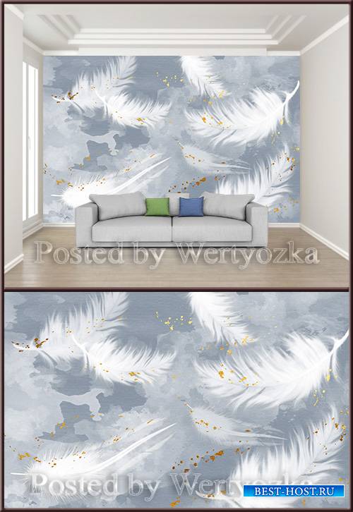 3D psd background wall hand painted fresh nordic style beautiful feather