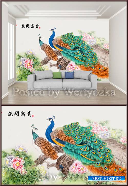 3D psd background wall chinese style ink hand painted meticulous flower