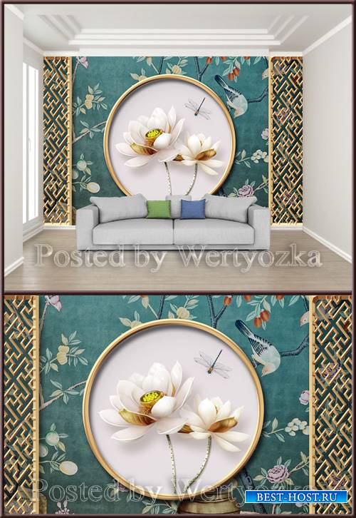3D psd backgroundwall chinese classical metal openwork window lotus embossed