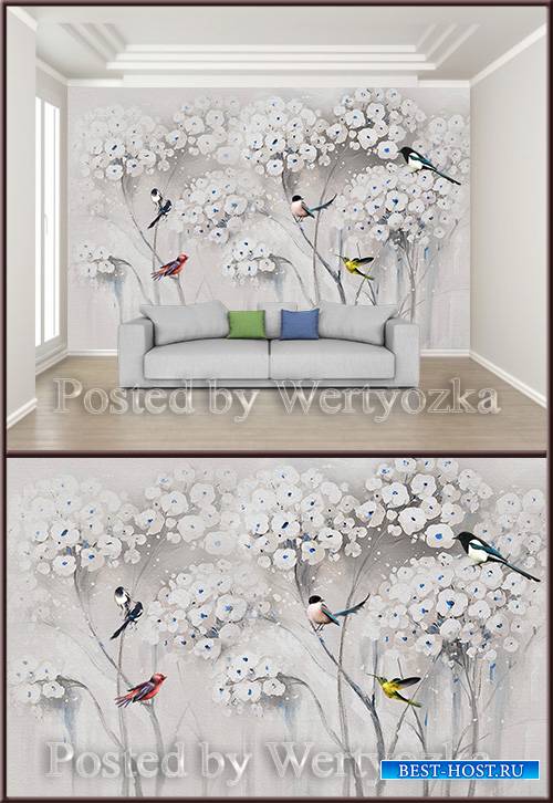 3D psd background wall beautiful flower bird