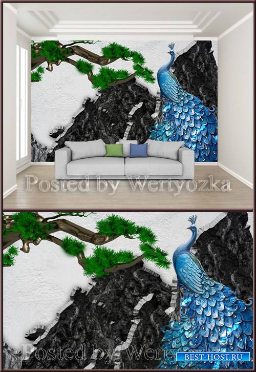 3D psd background wall mountain peak peacock ancient pine relief