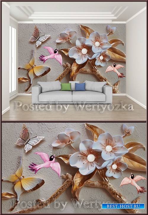3D psd background wall floral butterfly bird