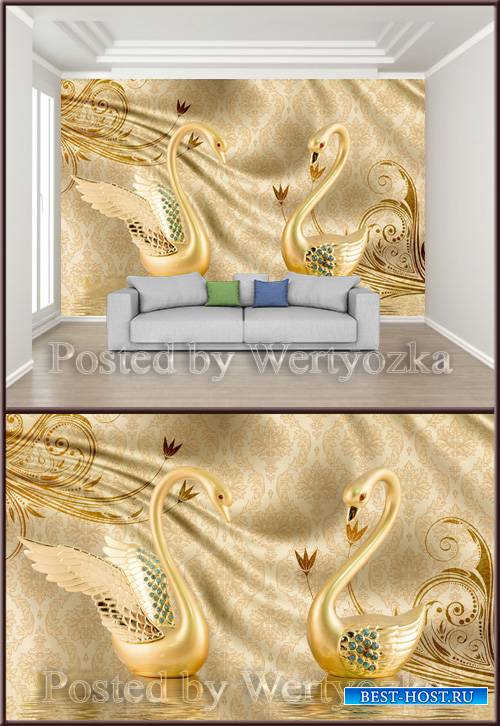 3D psd background wall luxury golden swan jewels satin