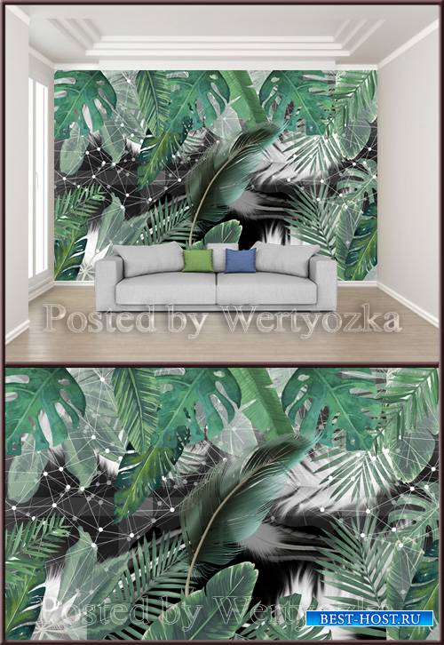 3D psd background wall small fresh green leafy plant feather