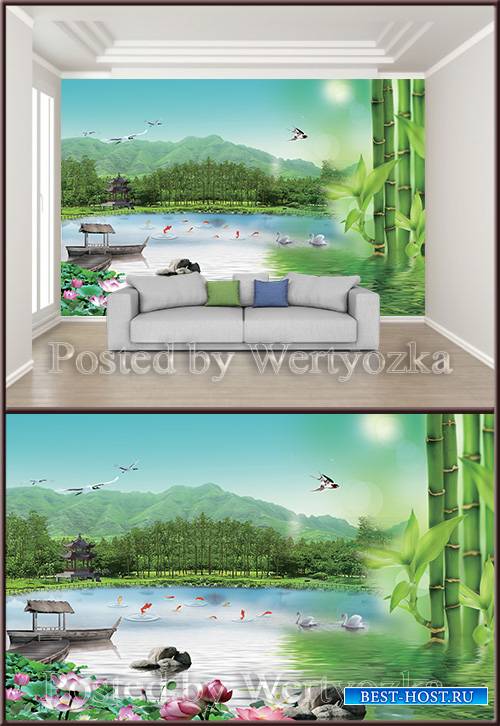 3D psd background wall lotus boat green bamboo attic bird