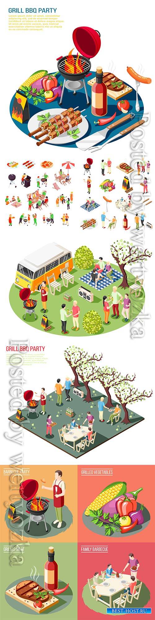 Barbecue grill party isometric icons collection with isolated icons grill food outdoors grill and people