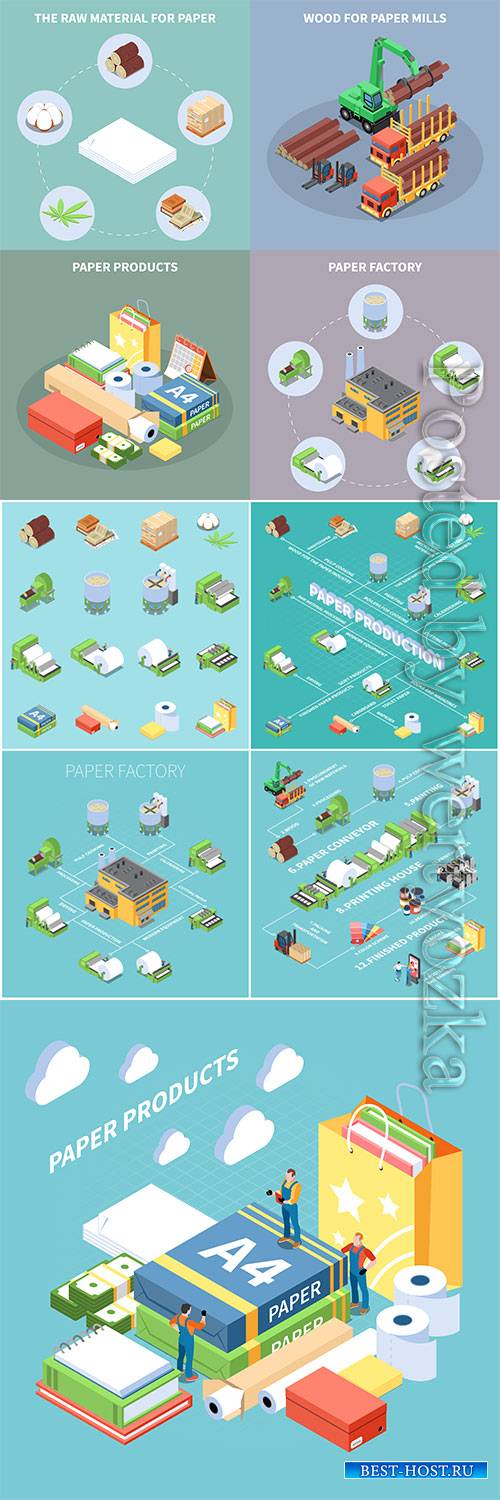 Paper production concept icons set with paper factory symbols isometric