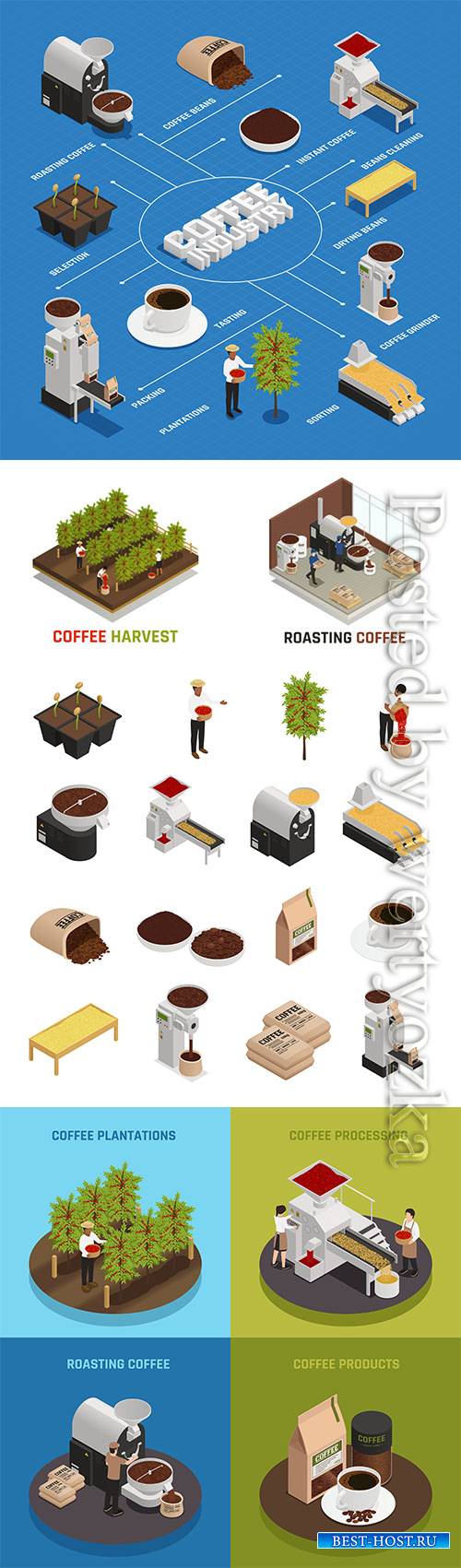 Isometric roasting coffee vector illustration template