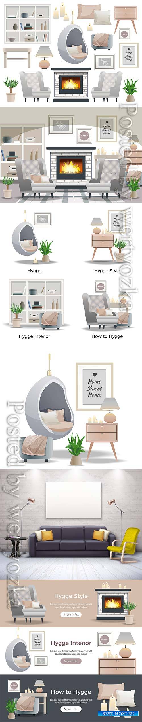 Hygge style interior isometric design element vector collection
