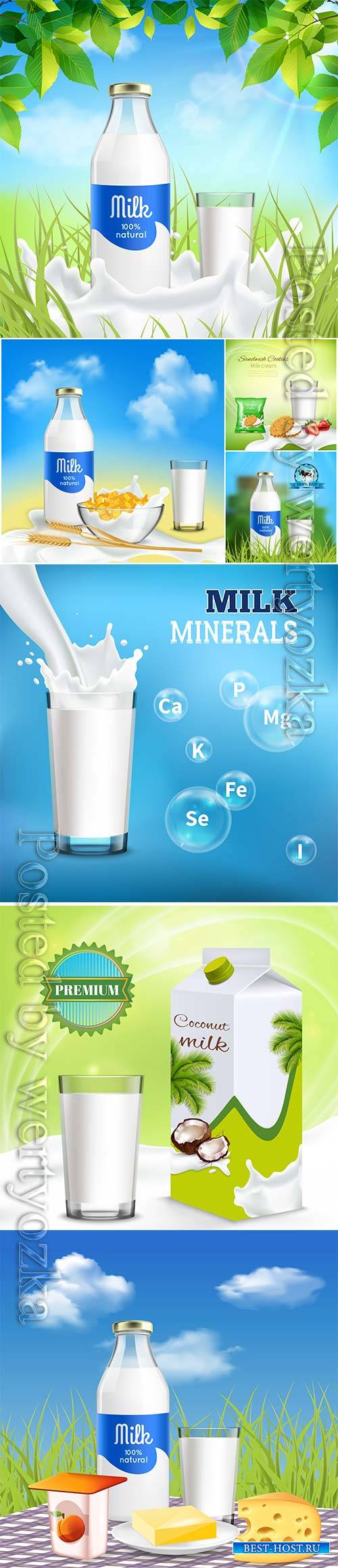 Milk ,bottle, glass, isometric, element, vector, collection