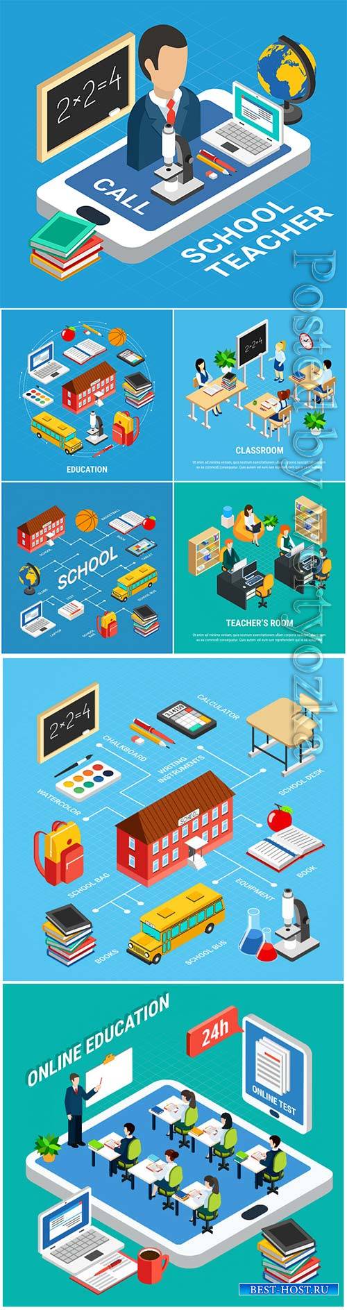 Isometric education illustration with school teacher and devices