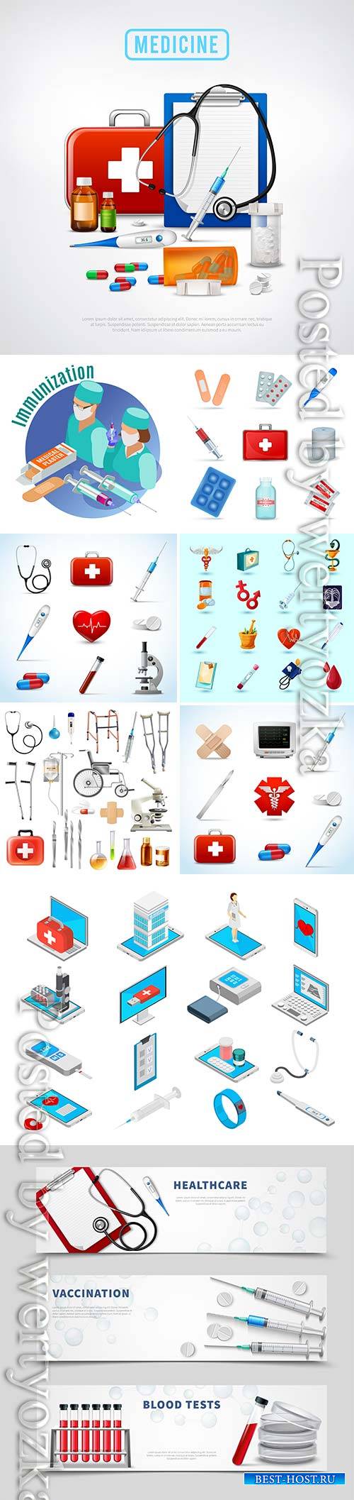 Medicine isometric concept with medical equipment symbols vector illustrati ...