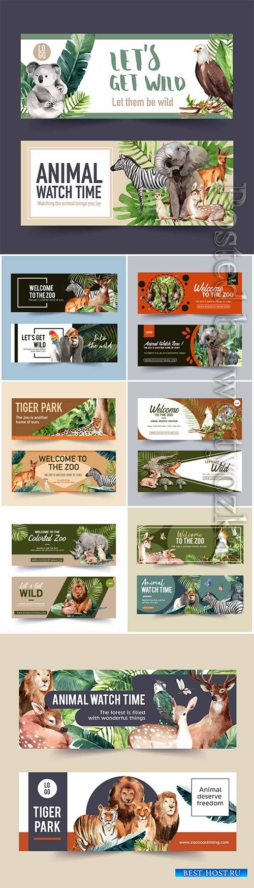 Zoo banner design with tiger, lion, deer watercolor illustration