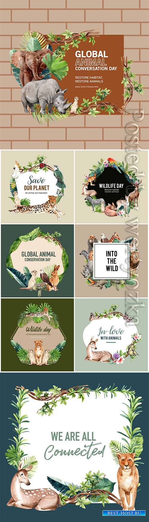 Zoo wreath design with eagle, gorilla, giraffe, rhino watercolor illustrati ...