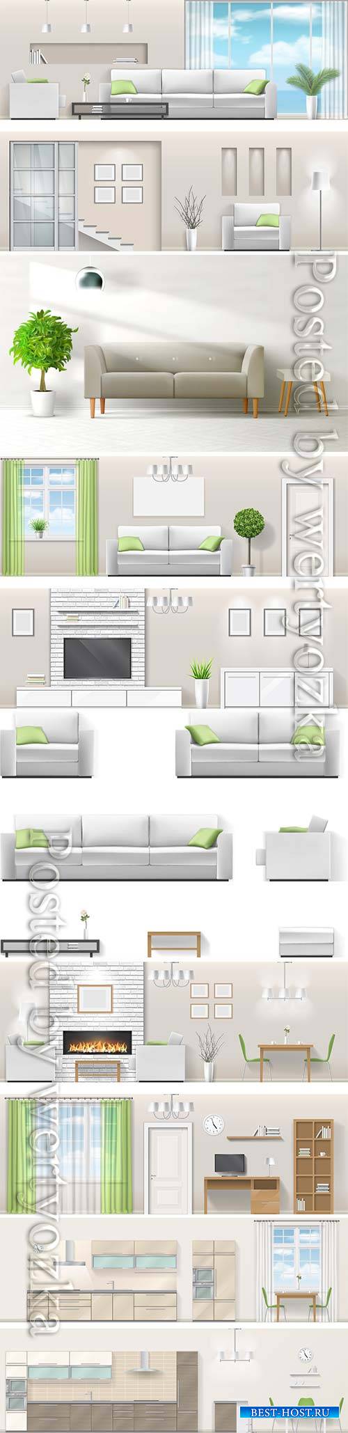 Modern interior in vector, kitchen, living room, bedroom